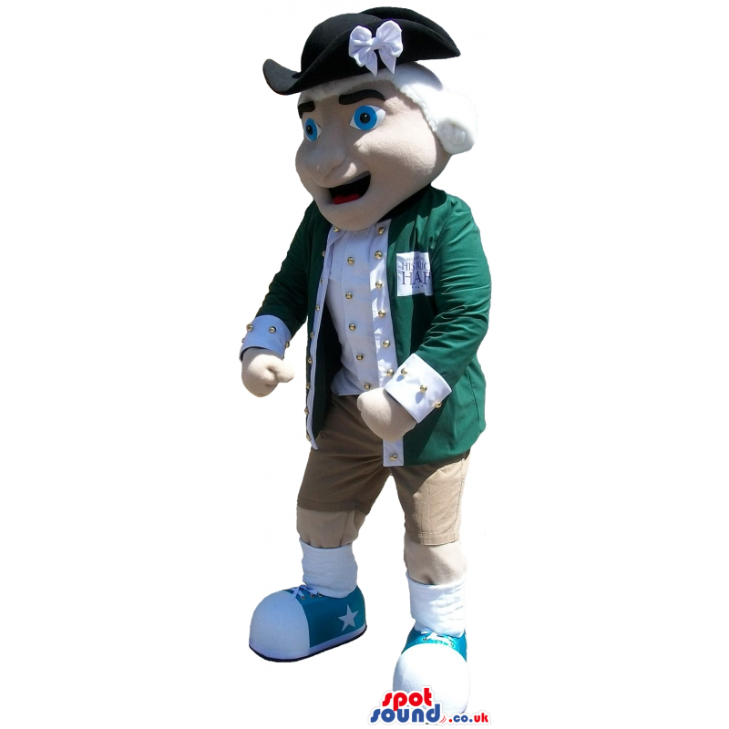 Human Plush Mascot Wearing Green Old-Times Clothes And A Hat -