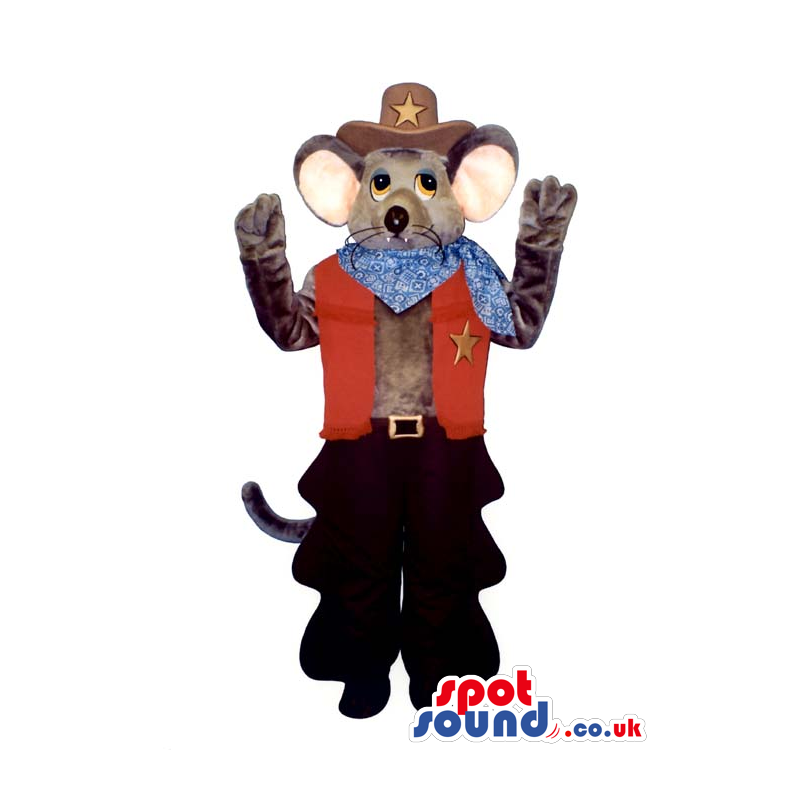 Cute Grey Mouse Plush Mascot Wearing Cowboy Garments - Custom