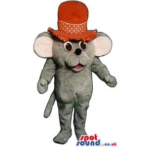 Cute Small Grey Mouse Plush Mascot Wearing A Big Red Top Hat -