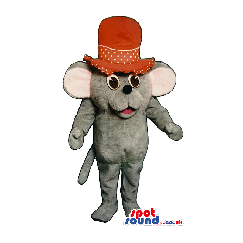 Cute Small Grey Mouse Plush Mascot Wearing A Big Red Top Hat -