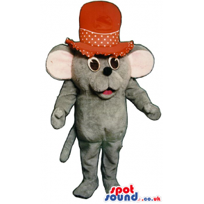 Cute Small Grey Mouse Plush Mascot Wearing A Big Red Top Hat -