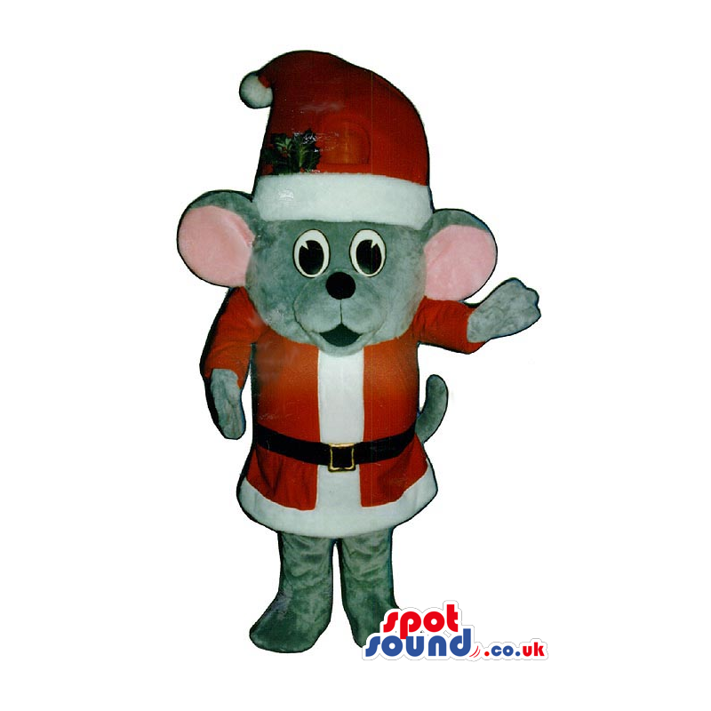 Cute Small Grey Mouse Plush Mascot Wearing Santa Claus Garments