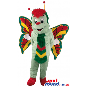 Joyful green butterfly mascot with red, green and yellow wings