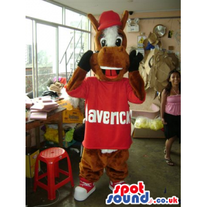 Cool Brown Horse Plush Mascot Wearing Red Clothes And A Cap -