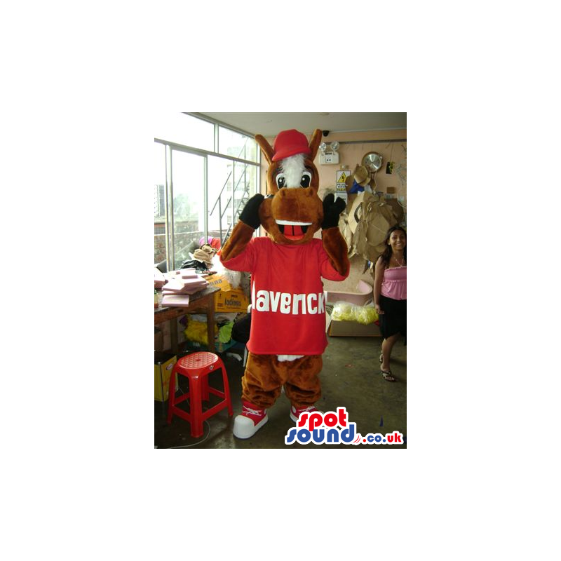 Cool Brown Horse Plush Mascot Wearing Red Clothes And A Cap -