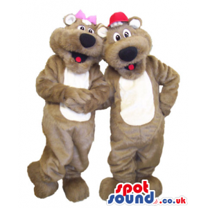 Brown Bear Couple Plush Mascots Wearing Different Hats - Custom