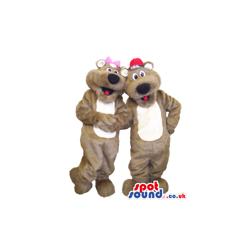 Brown Bear Couple Plush Mascots Wearing Different Hats - Custom
