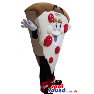 Delicious slice of Pizza mascot with red pepperoni toppings