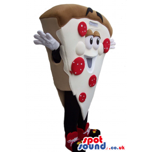 Delicious slice of Pizza mascot with red pepperoni toppings -