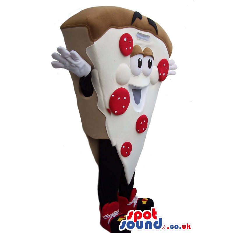 Delicious slice of Pizza mascot with red pepperoni toppings -