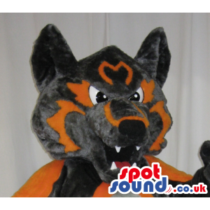 Grey And Orange Wolf Plush Mascot With A Ferocious Look