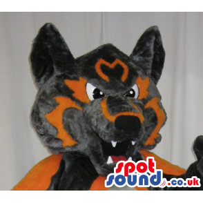 Grey And Orange Wolf Plush Mascot With A Ferocious Look -