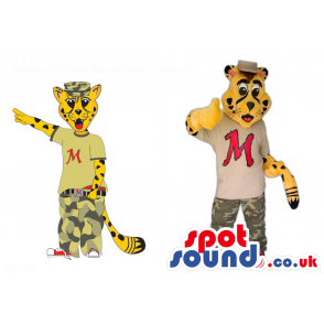 Yellow Tiger Character Couple Mascots Wearing Camouflage Pants