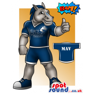 Grey Horse In Blue Sports Clothes With Logo Mascot Drawing -
