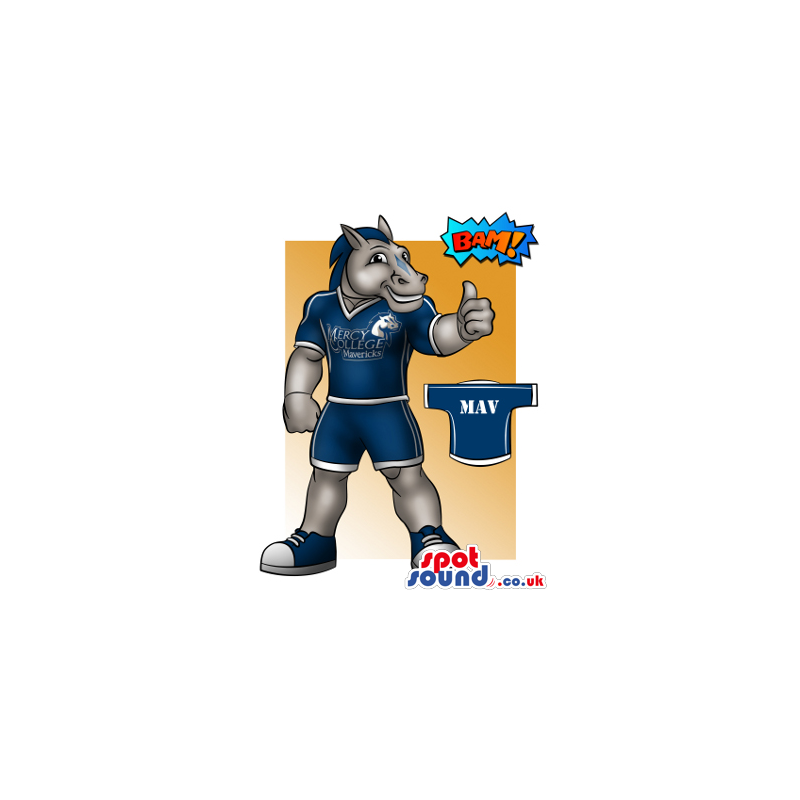 Grey Horse In Blue Sports Clothes With Logo Mascot Drawing -