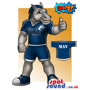 Grey Horse In Blue Sports Clothes With Logo Mascot Drawing -