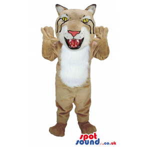 Beige Tiger mascot with fluffy white underbelly and sharp teeth