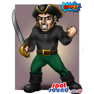 Angry Pirate Human Mascot Drawing With A Sword And Hat - Custom