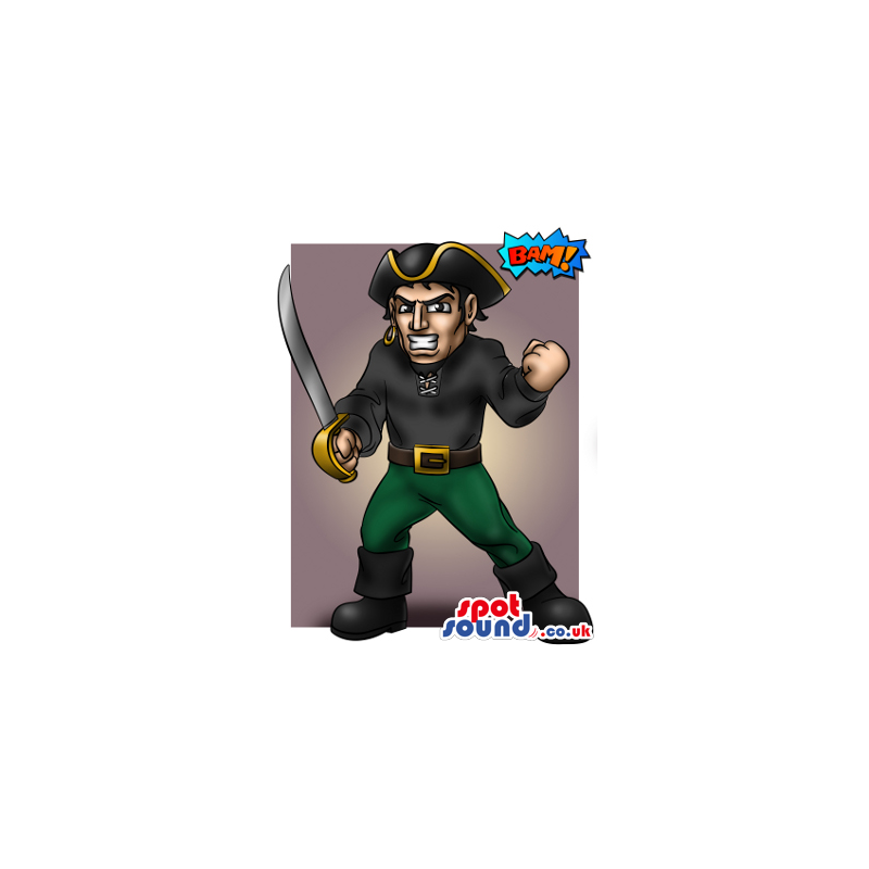 Angry Pirate Human Mascot Drawing With A Sword And Hat - Custom
