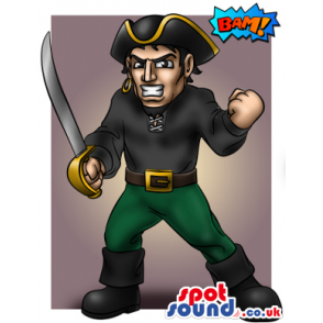 Angry Pirate Human Mascot Drawing With A Sword And Hat - Custom