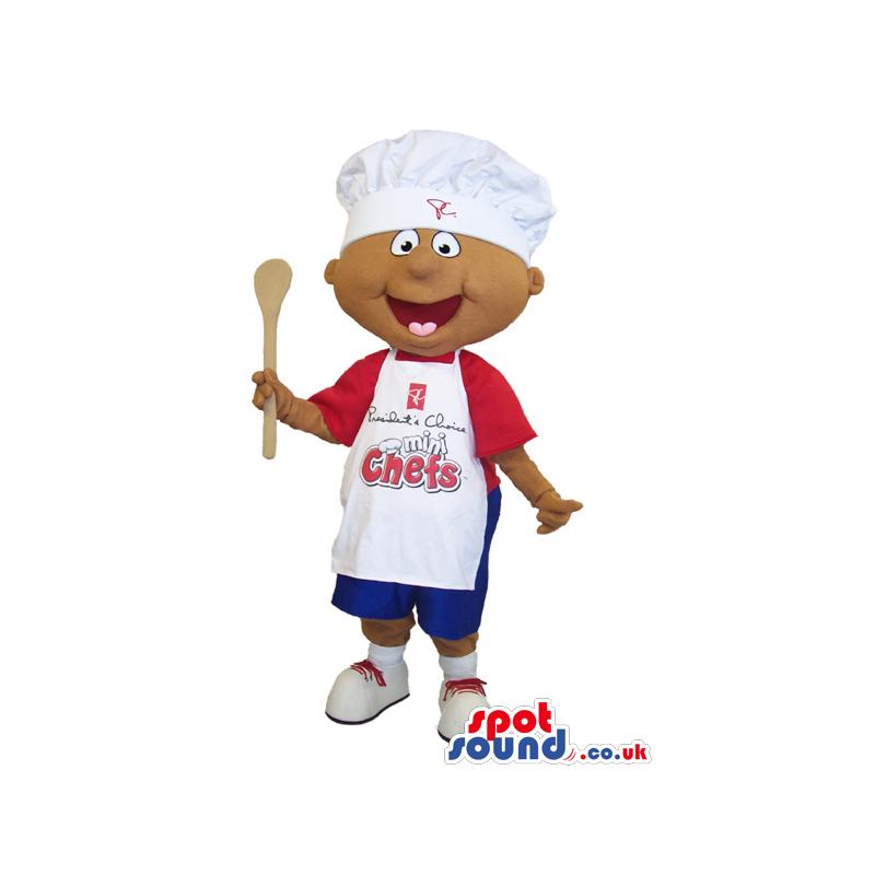 Boy Mascot Wearing A Red T-Shirt, Chef Hat And Apron With Text