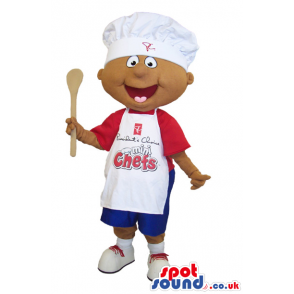 Boy Mascot Wearing A Red T-Shirt, Chef Hat And Apron With Text