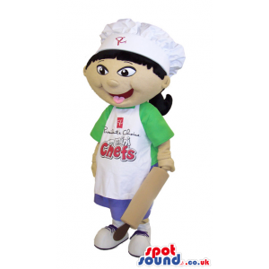 Girl Mascot Wearing A Green T-Shirt And Apron With Text -