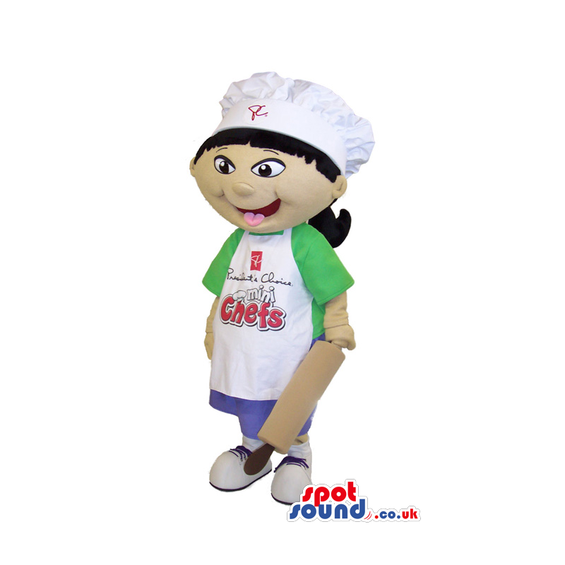 Girl Mascot Wearing A Green T-Shirt And Apron With Text -