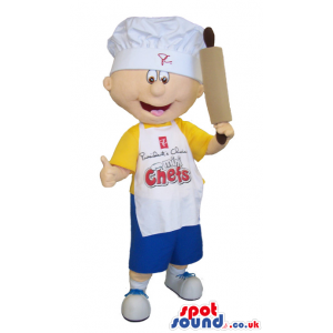 Boy Mascot Wearing A Yellow T-Shirt And Apron With Text -