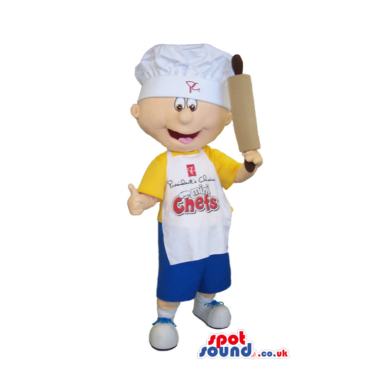 Boy Mascot Wearing A Yellow T-Shirt And Apron With Text -