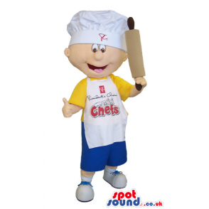 Boy Mascot Wearing A Yellow T-Shirt And Apron With Text -