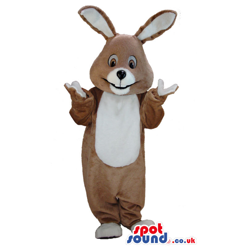 Happy bunny rabbit mascot with long white ears and belly -