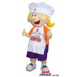 Girl Mascot Wearing An Orange T-Shirt And Apron With Text -