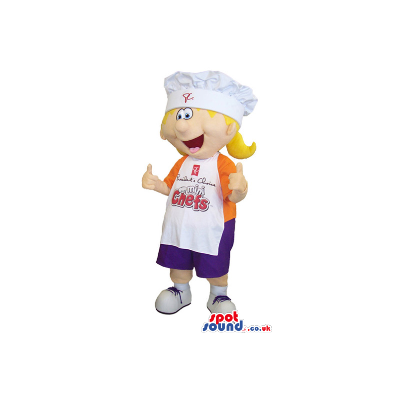 Girl Mascot Wearing An Orange T-Shirt And Apron With Text -