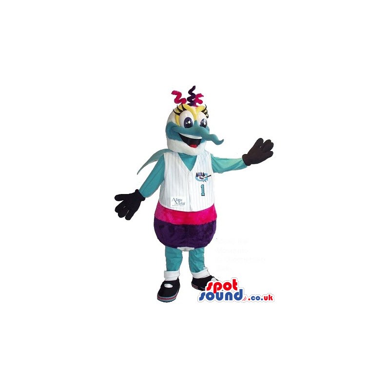 Customizable Funny Blue Fish Plush Mascot In Sports Clothes -