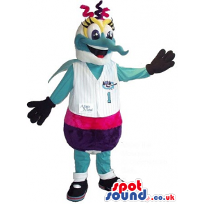 Customizable Funny Blue Fish Plush Mascot In Sports Clothes -