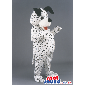 Giant female dalmatian mascot with pink eyelids and red tongue
