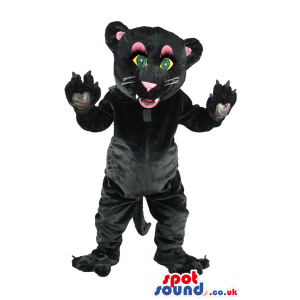 Black female panther mascot with white whiskers and pink