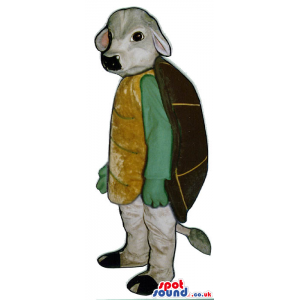 Grey Cow Plush Mascot Dressed As A Turtle With A Back Shell -