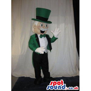 Amazing Magician Human Mascot In Green And White Garments -