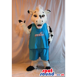 Cow Animal Plush Mascot Wearing Blue Sports Clothes With Text -