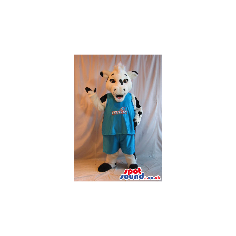 Cow Animal Plush Mascot Wearing Blue Sports Clothes With Text -