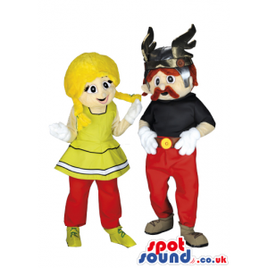 Yellow haired, cute woman mascot and cool Asterix mascot -