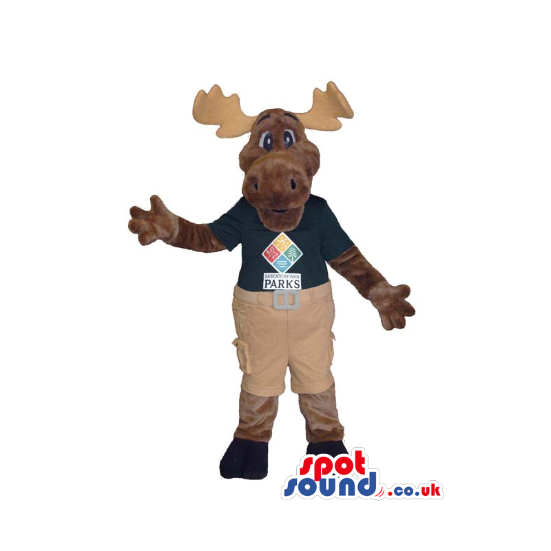 Cute Reindeer Plush Mascot Wearing Clothes With Text And Logo -