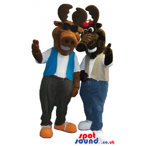 Moose Plush Mascot Couple Wearing Different Clothes And