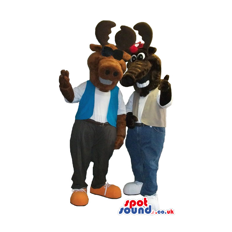 Moose Plush Mascot Couple Wearing Different Clothes And
