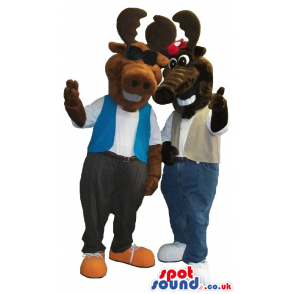 Moose Plush Mascot Couple Wearing Different Clothes And