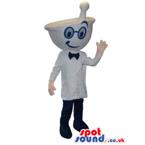 Cute Pharmacy Bowl Head Mascot Wearing Glasses And Bow Tie -