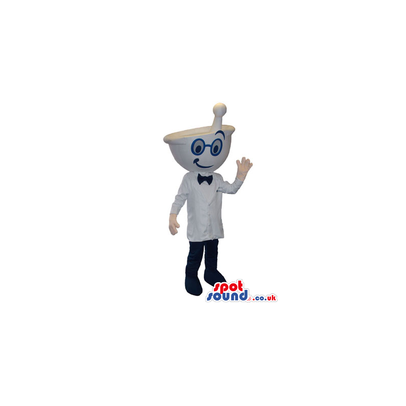 Cute Pharmacy Bowl Head Mascot Wearing Glasses And Bow Tie -
