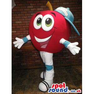 Cute Red Apple Fruit Mascot Wearing A Cap With Logo - Custom